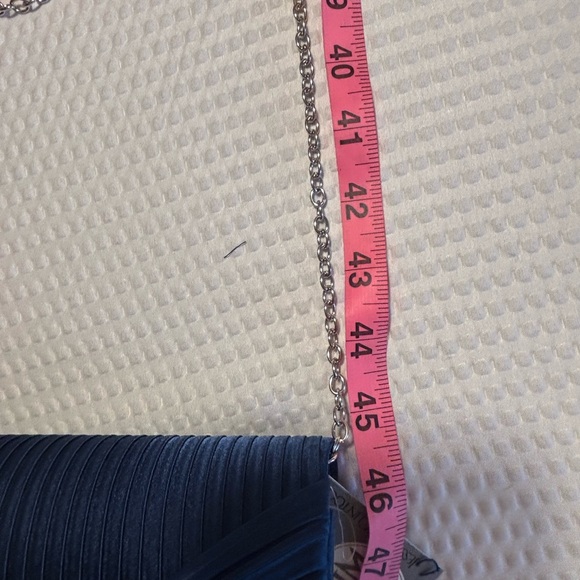 Jessica McClintock Navy Satin Pleated Clutch with Rhinestone Detail and Chain - Picture 9 of 9